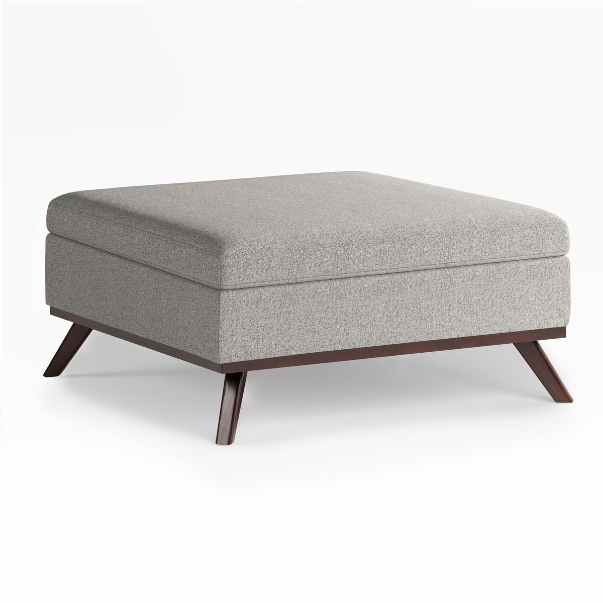 Square lift-top storage ottoman in grey fabric with angled dark wood legs on Tampa Home & Garden Store
