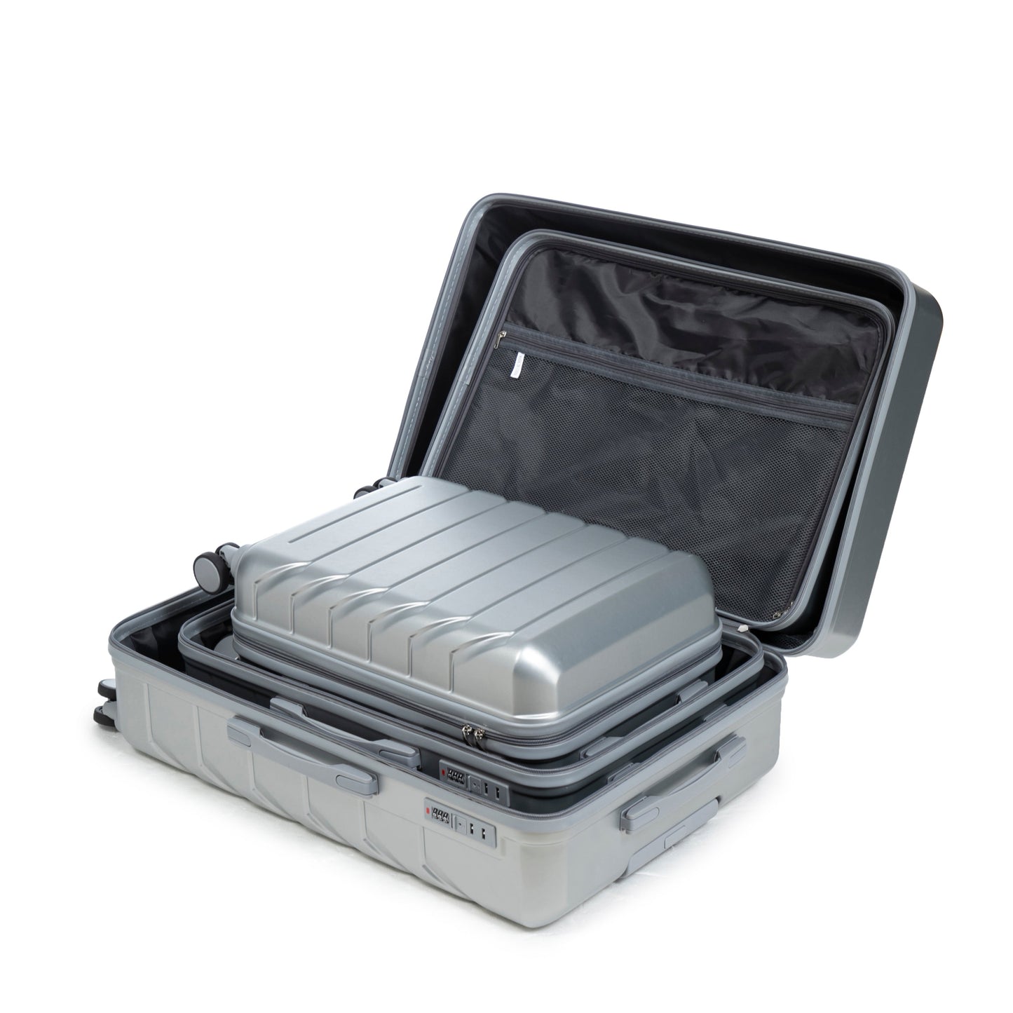 3-piece ABS spinner luggage set with combination lock in grey, interior compartments visible on Tampa Home & Garden Store