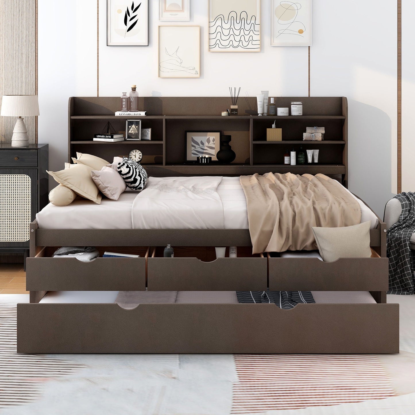 Captain Bed with built-in bookshelves, 3 storage drawers, and trundle in dark brown wood on Tampa Home & Garden Store