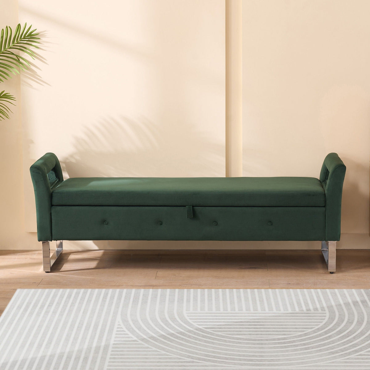 Wide Storage Ottoman Bench with Armrests in green fabric upholstery on Tampa Home & Garden Store