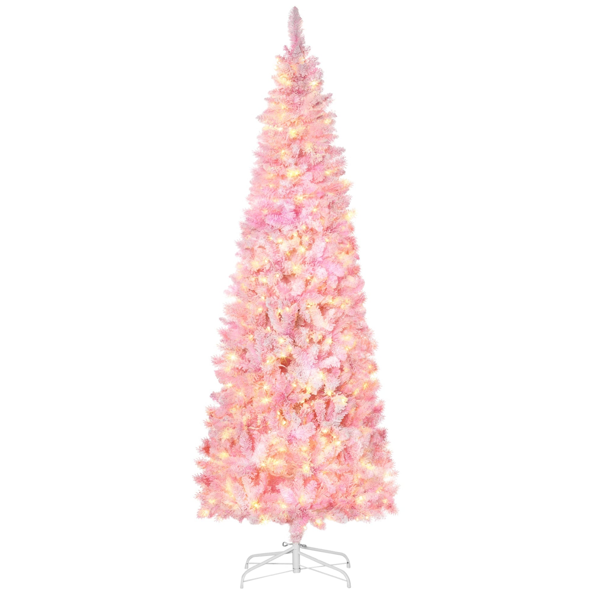 Homcom 7.5ft pink prelit snow-flocked artificial Christmas tree with warm lights on white stand on Tampa Home & Garden Store