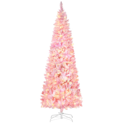Homcom 7.5ft pink prelit snow-flocked artificial Christmas tree with warm lights on white stand on Tampa Home & Garden Store