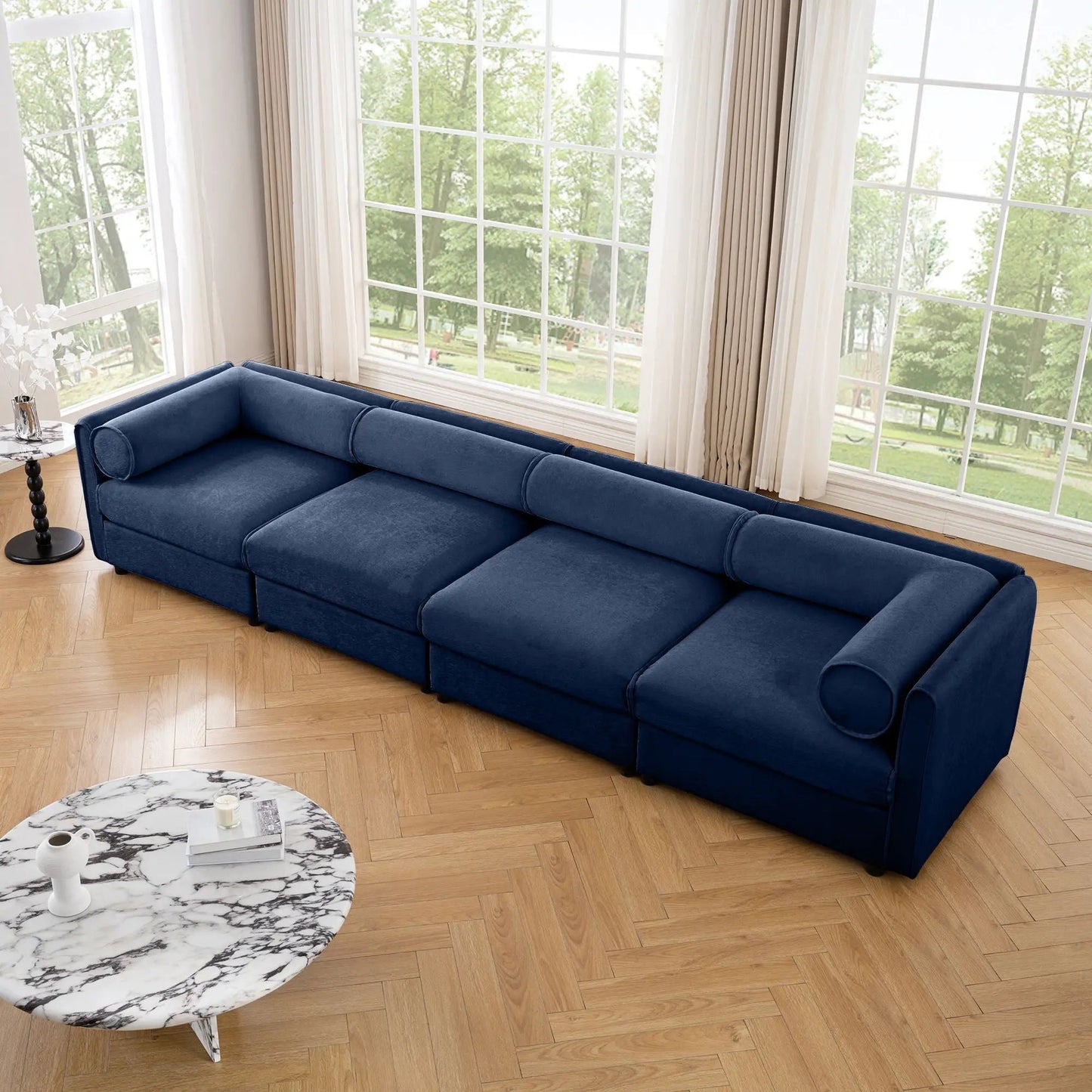 Stationary blue sofa with storage seat and cylindrical backrest by Unique Piece Furniture on Tampa Home & Garden Store