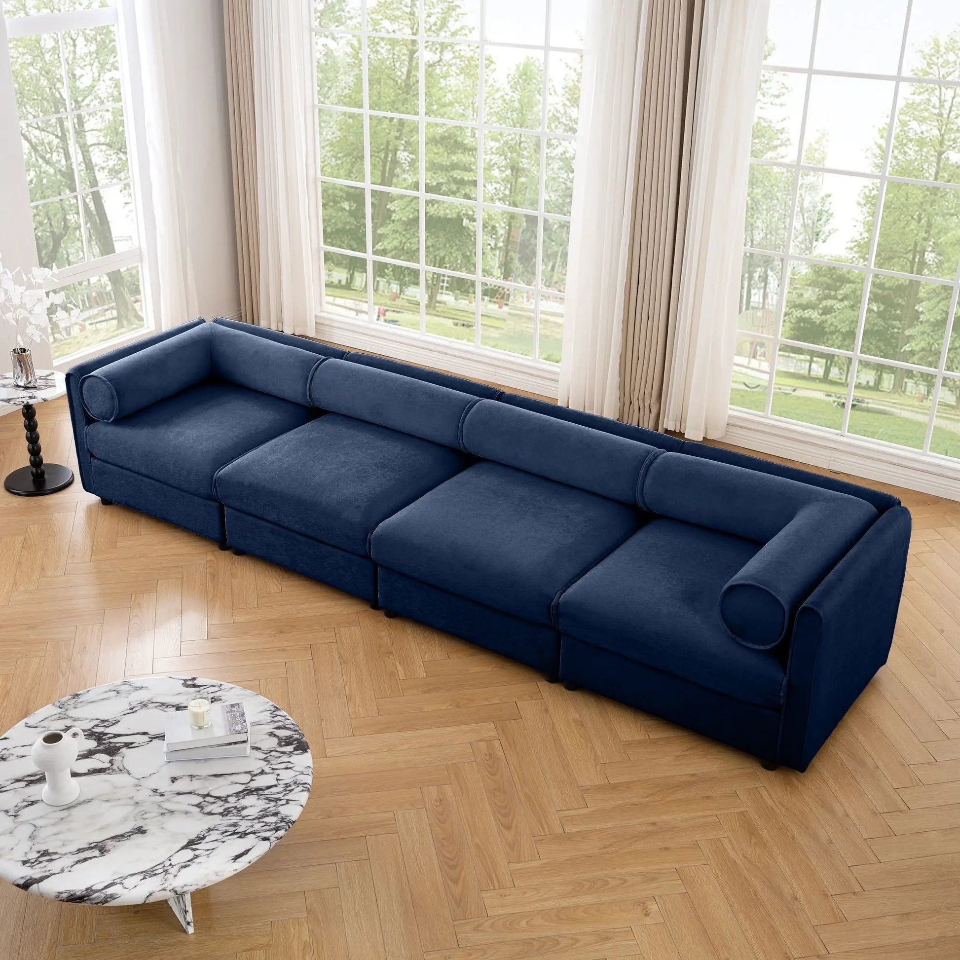 Stationary blue sofa with storage seat and cylindrical backrest by Unique Piece Furniture on Tampa Home & Garden Store