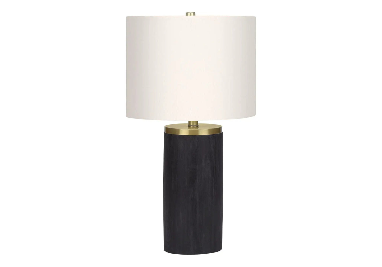 Table lamp with white fabric drum shade and black concrete-style base with brass accents on Tampa Home & Garden Store