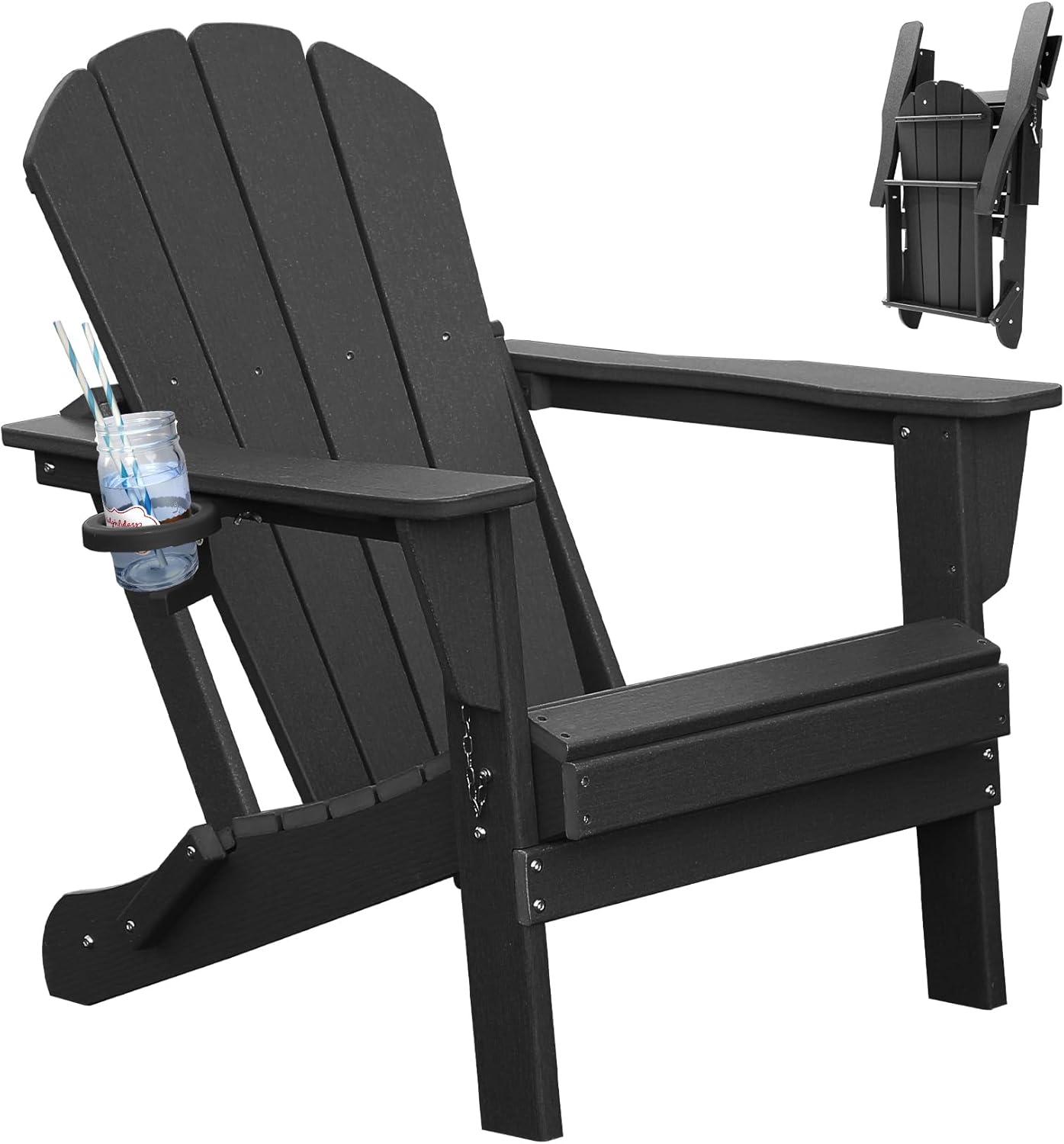 Folding Black Hdpe Adirondack Chair And Cup