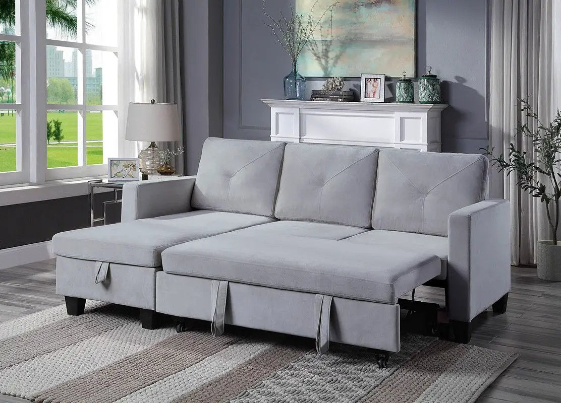 Nova reversible sleeper sectional sofa with storage chaise in light gray fabric on Tampa Home & Garden Store