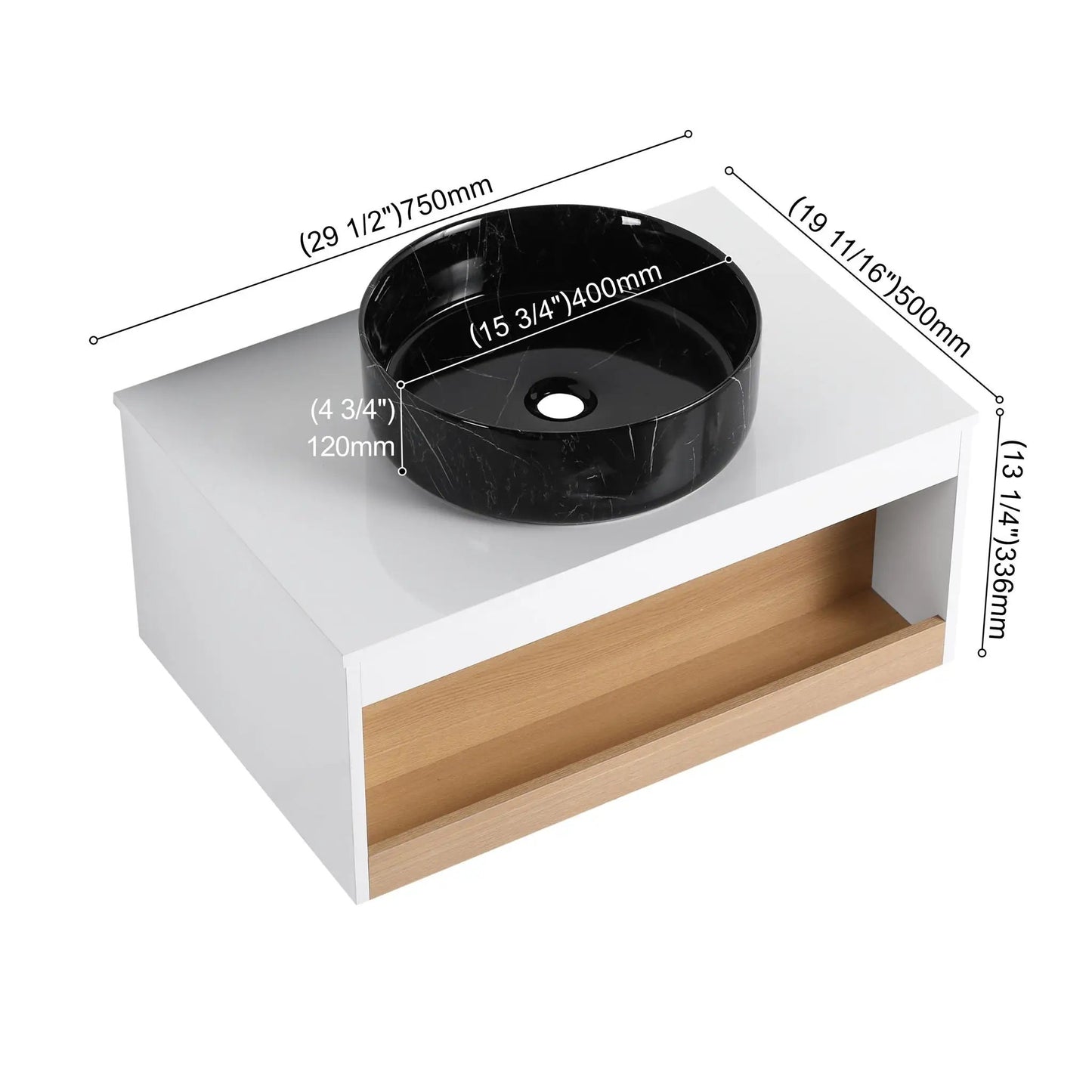 Floating Vanity with Vessel Sink and Open Shelf