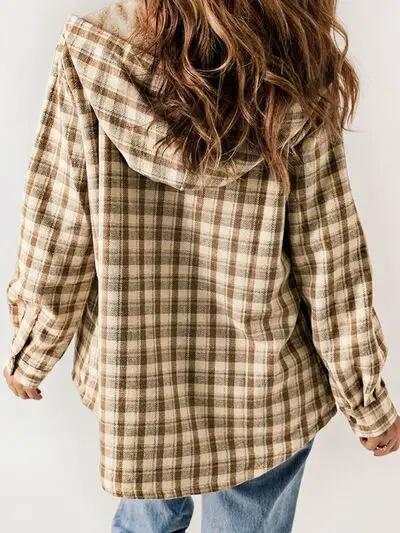 Plaid Snap Down Plush Hooded Jacket Women Warm