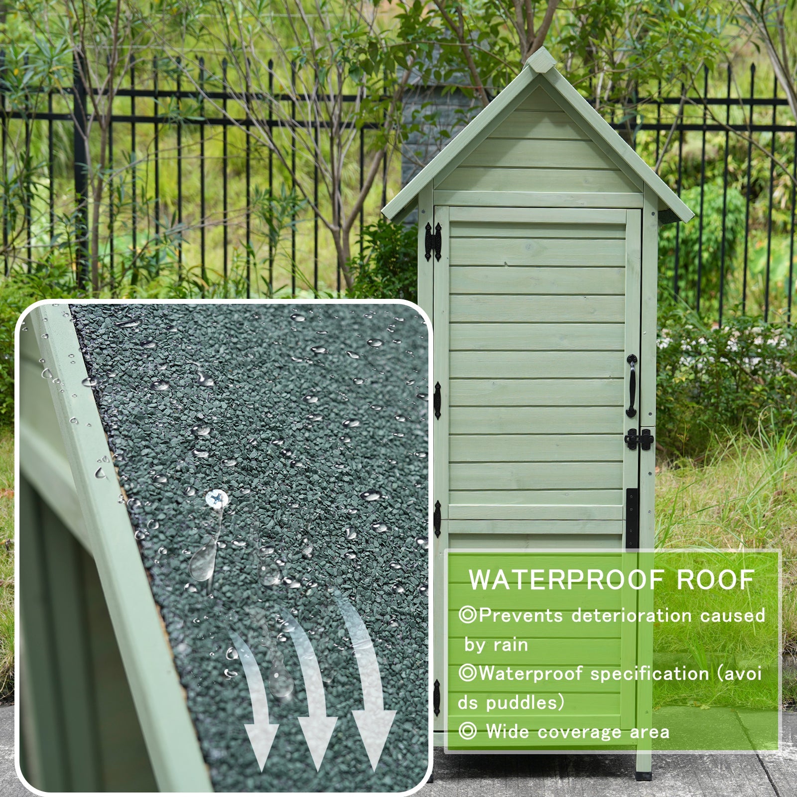 Outdoor wooden shed, light green, lockable door, HouseOfZazla, waterproof roof on Tampa Home & Garden Store
