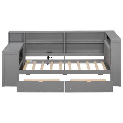 Gray storage platform bed with open shelves, two drawers, built-in desk by HouseOfZazla on Tampa Home & Garden Store