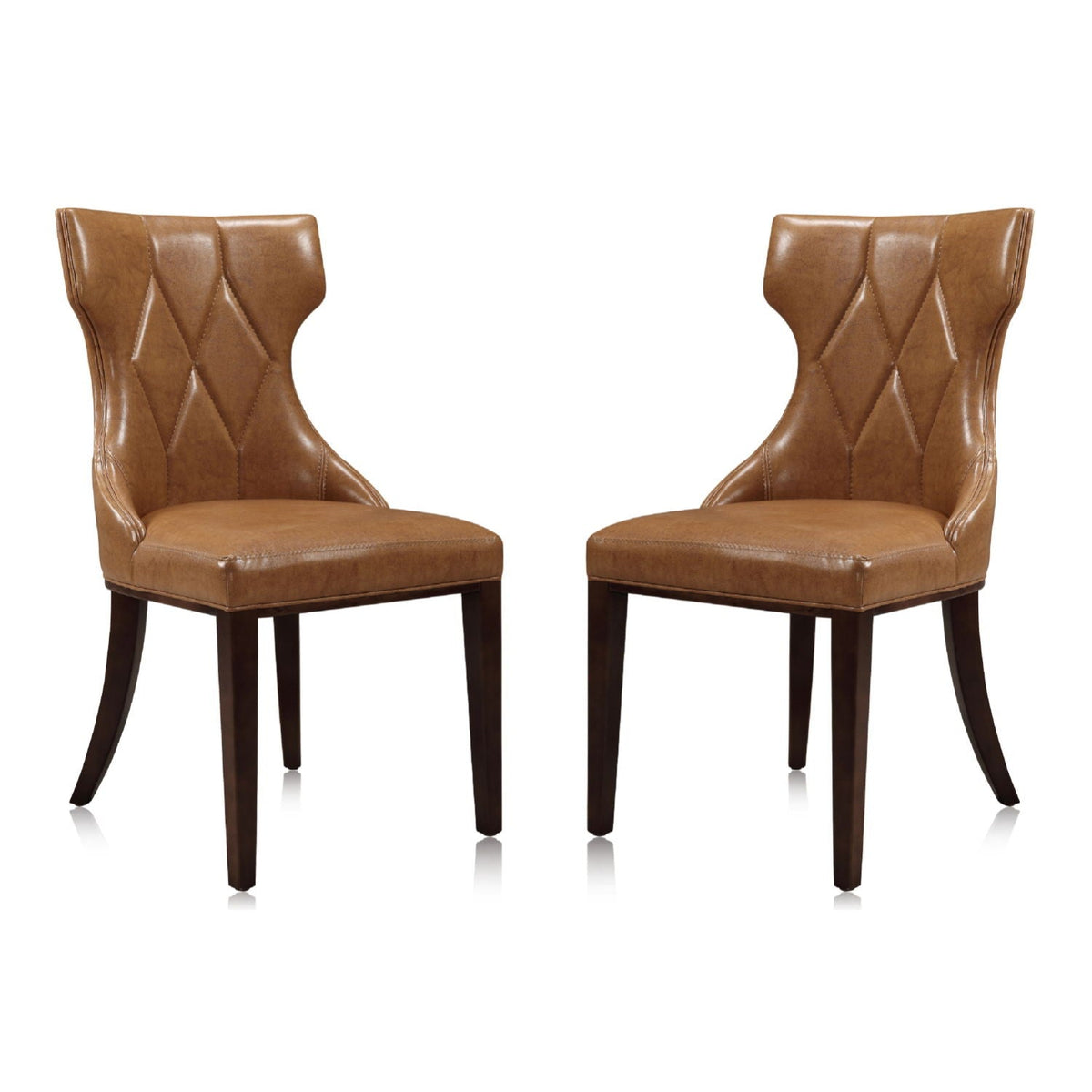 Reine dining chairs set of 2 with brown leather upholstery, diamond tufted backs, solid wood legs on Tampa Home & Garden Store