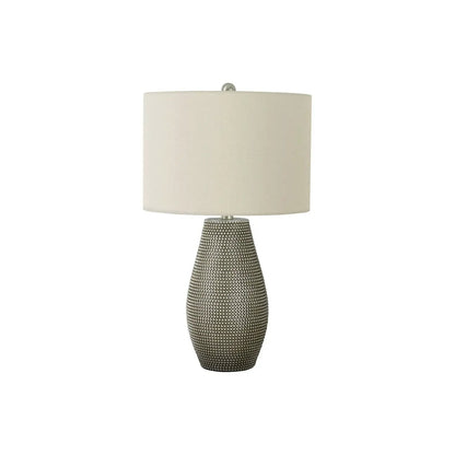 Table lamp resin contemporary gray with textured beaded metallic base and beige drum shade on Tampa Home & Garden Store