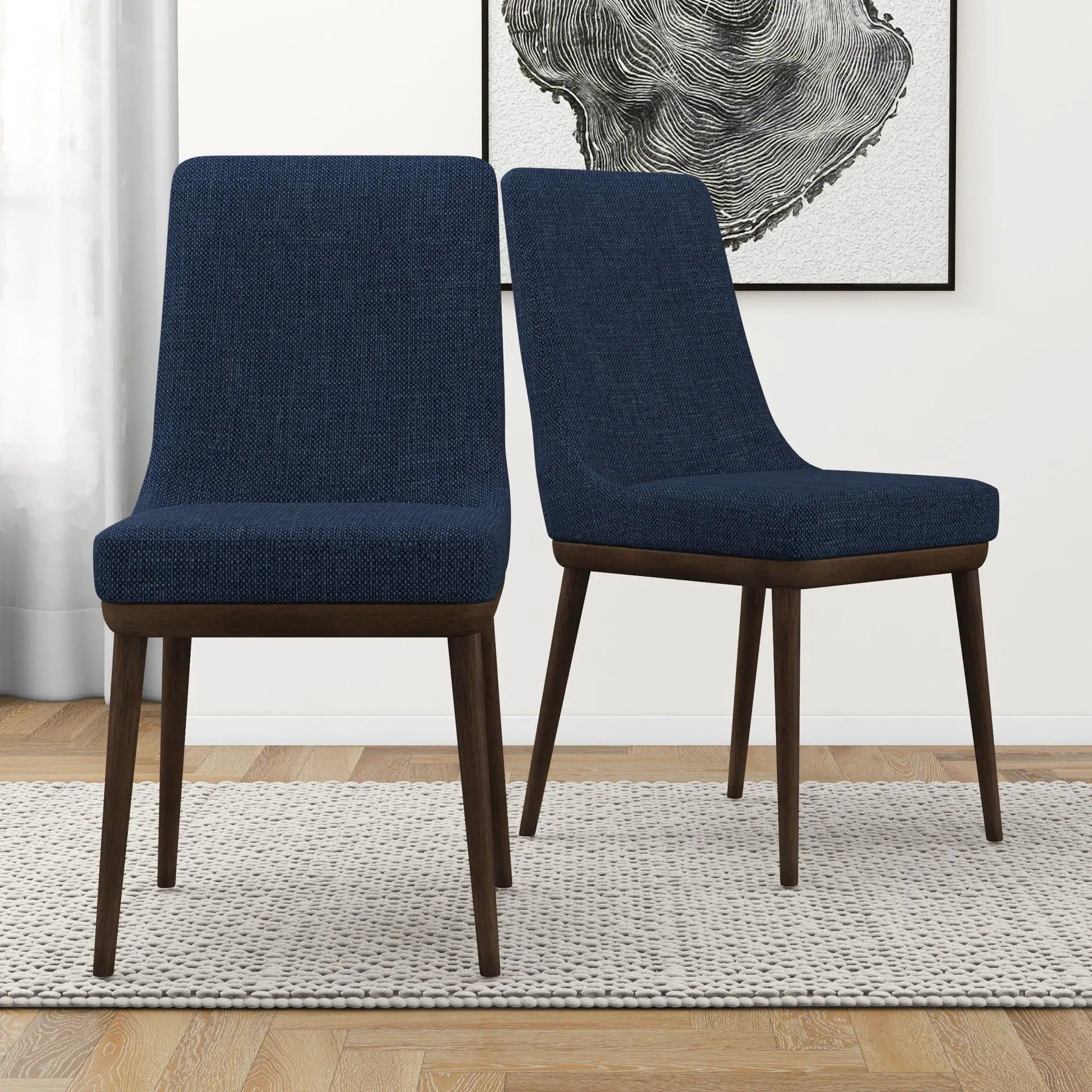 Kate Mid-Century Modern Dining Chairs set of 2 in blue textured fabric with dark wood legs on Tampa Home & Garden Store