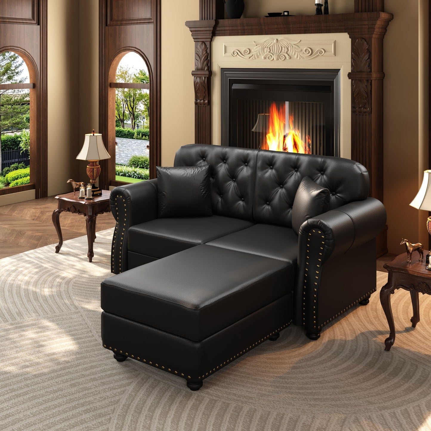 Upholstered Sofa with Nailhead and Ottoman