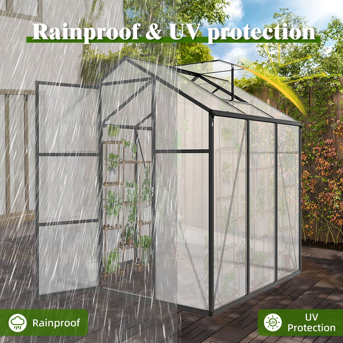 Windproof greenhouse with raised base, black frame, polycarbonate panels by HouseOfZazla on Tampa Home & Garden Store