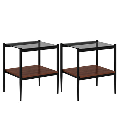 Set of 2 rectangle end tables with gray glass tops, black metal frames, and wood lower shelves on Tampa Home & Garden Store