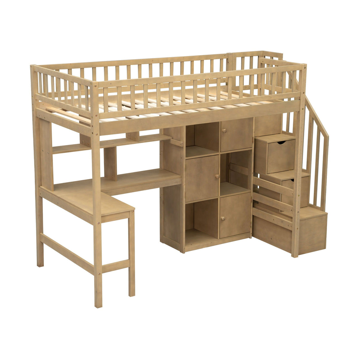 Loft bed with built-in L-shaped desk by HouseOfZazla in wood with stairs and storage on Tampa Home & Garden Store
