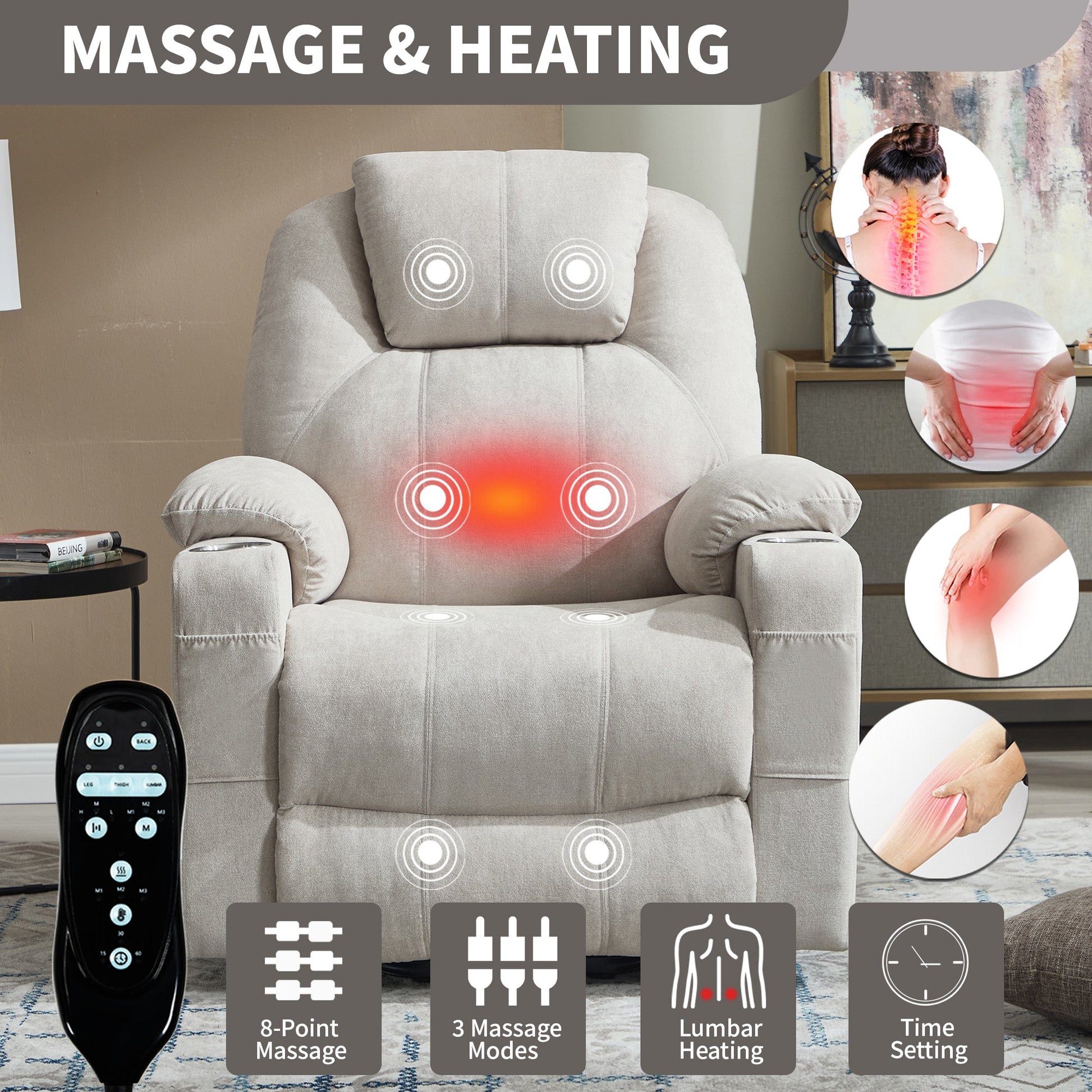 Premium Power Lift Recliner Chair with Massage by HouseOfZazla, light gray upholstery and remote on Tampa Home & Garden Store