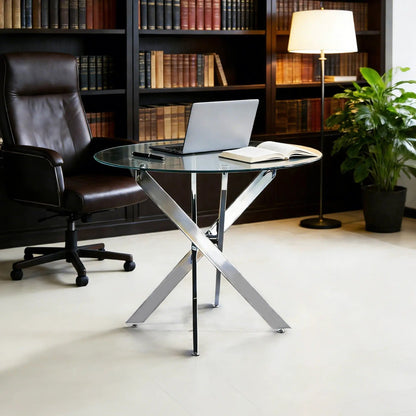 Dining table with round tempered glass top and cross metal legs in a modern space-saving design on Tampa Home & Garden Store