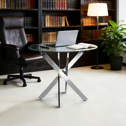Modern Glass Dining Table with Metal Cross Legs