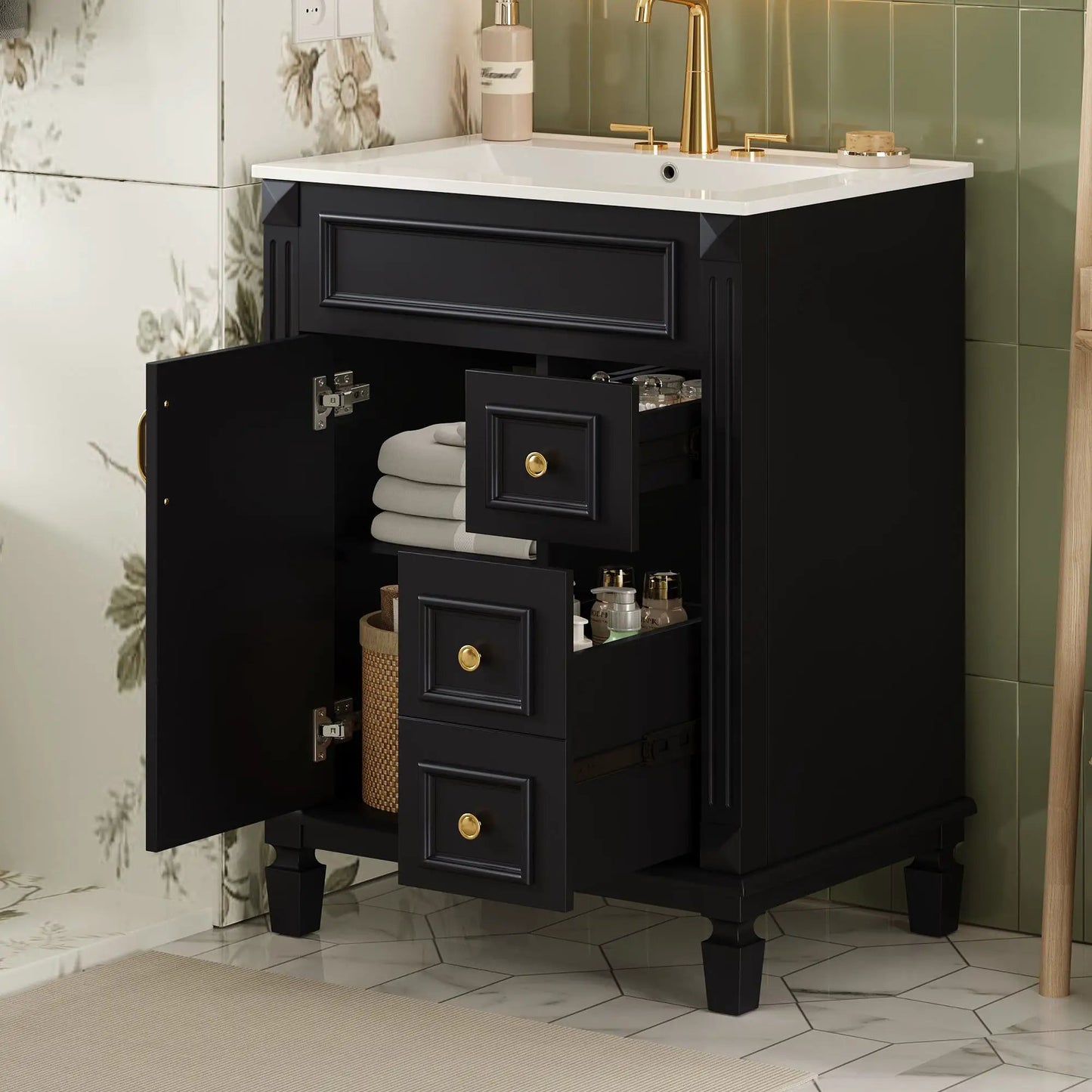 Bathroom vanity with sink in black cabinet, white top, 2 drawers, adjustable shelf, gold hardware on Tampa Home & Garden Store