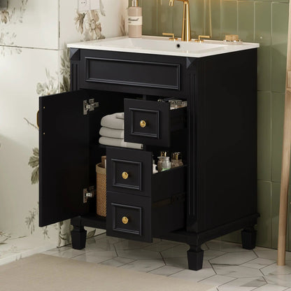 Bathroom vanity with sink in black cabinet, white top, 2 drawers, adjustable shelf, gold hardware on Tampa Home & Garden Store