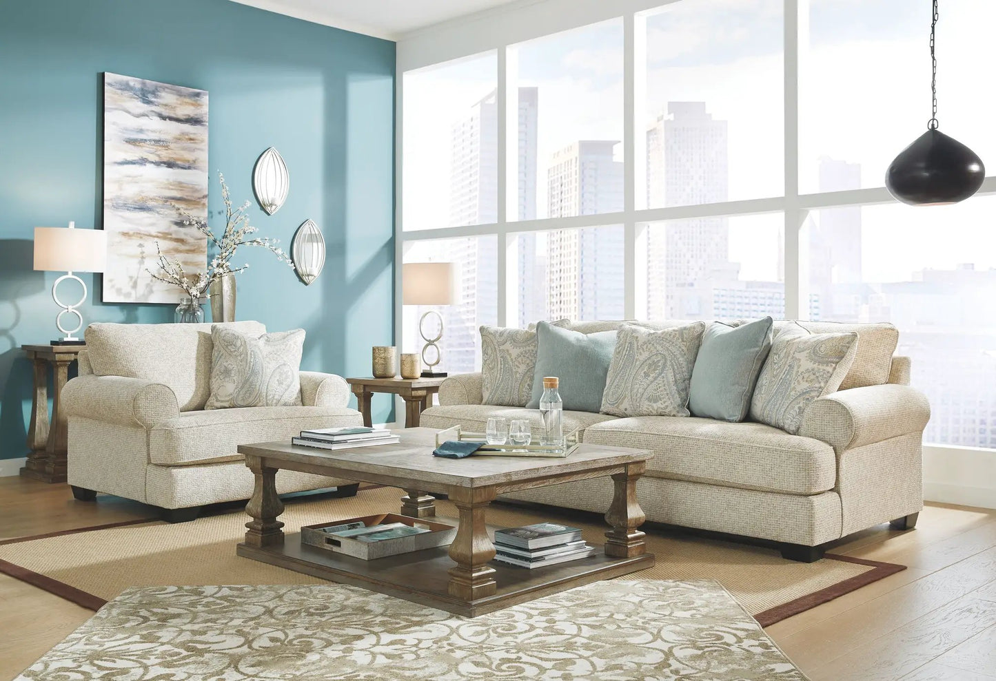 Monaghan sandstone stationary sofa by Unique Piece Furniture in beige fabric with cushions on Tampa Home & Garden Store