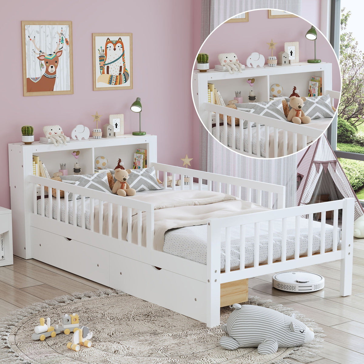 Bed With Headboard Storage Rack white 2 under-bed drawers 3 guardrails HouseOfZazla on Tampa Home & Garden Store