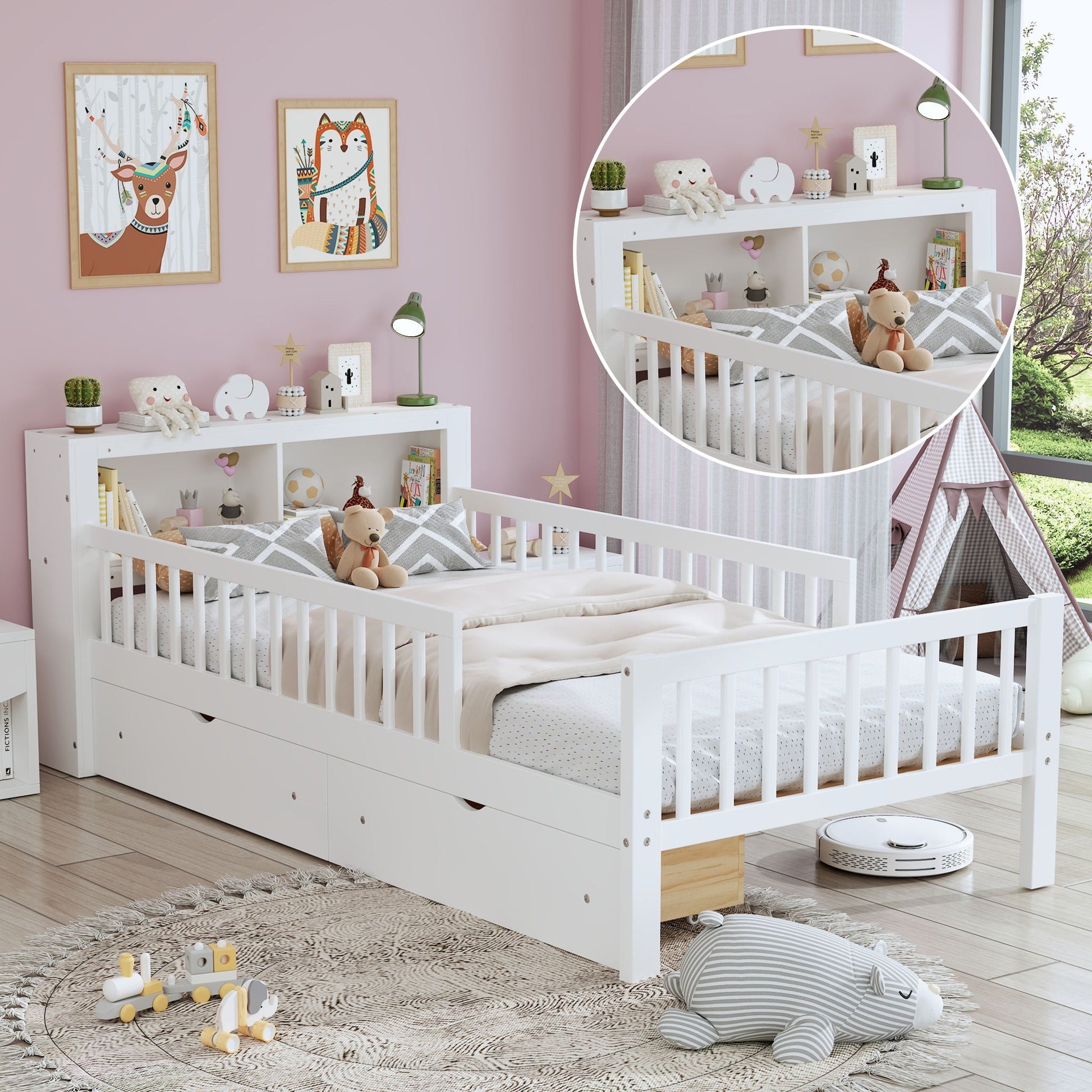 Bed With Headboard Storage Rack white 2 under-bed drawers 3 guardrails HouseOfZazla on Tampa Home & Garden Store