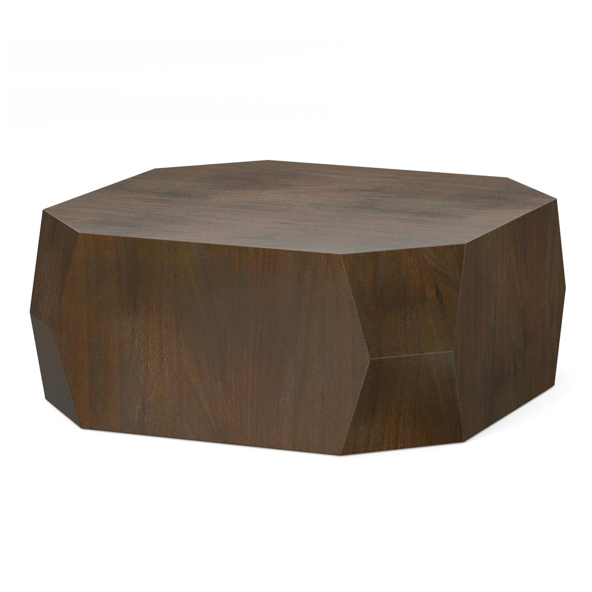 Walnut geometric coffee table with acacia veneer, 39in square, sculpted faceted sides on Tampa Home & Garden Store