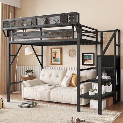 Twin size loft bed with stairs, dark metal frame, storage shelves and mesh panels by HouseOfZazla on Tampa Home & Garden Store