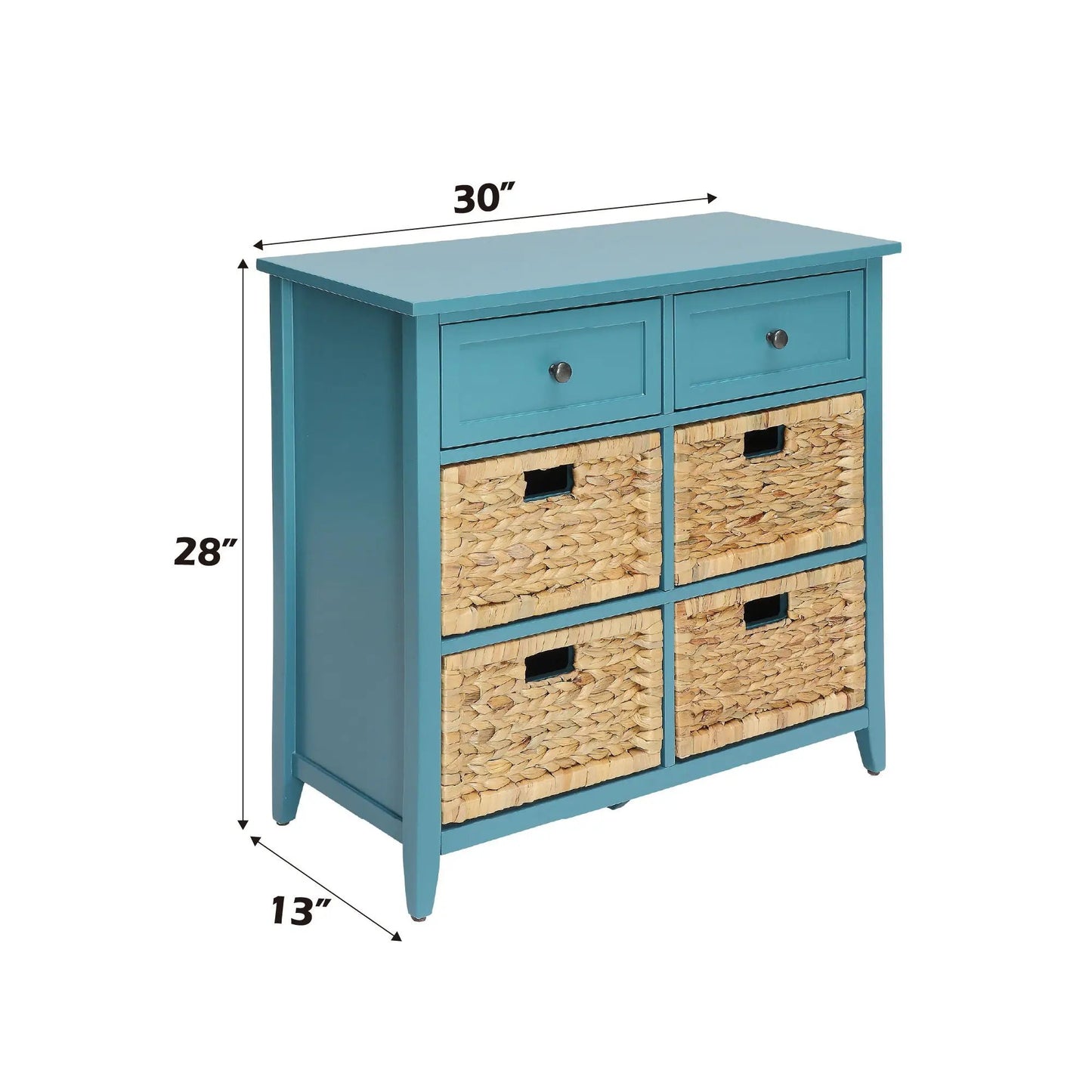 Flavius console cabinet teal blue wood with woven basket storage and two top drawers on Tampa Home & Garden Store