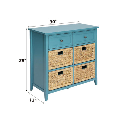 Flavius console cabinet teal blue wood with woven basket storage and two top drawers on Tampa Home & Garden Store