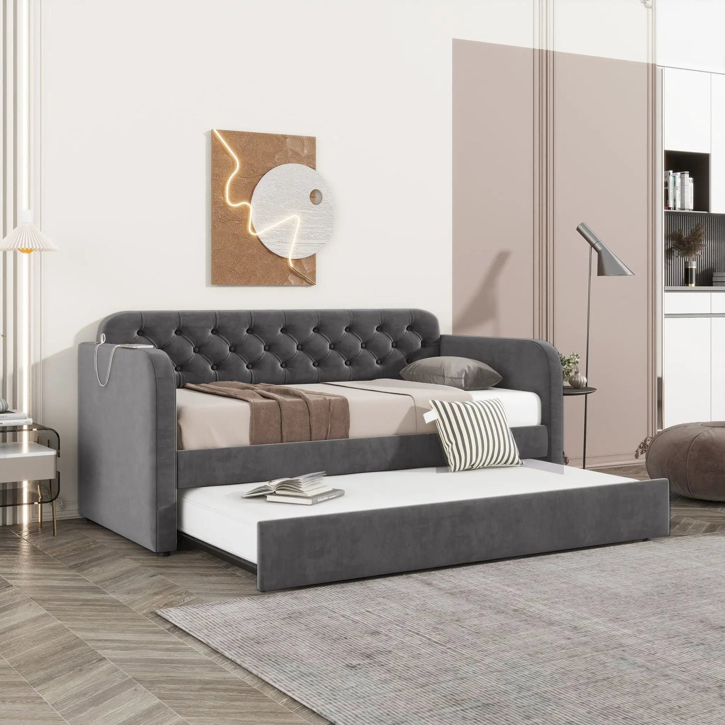 Upholstered Daybed With Trundle And USB Charging