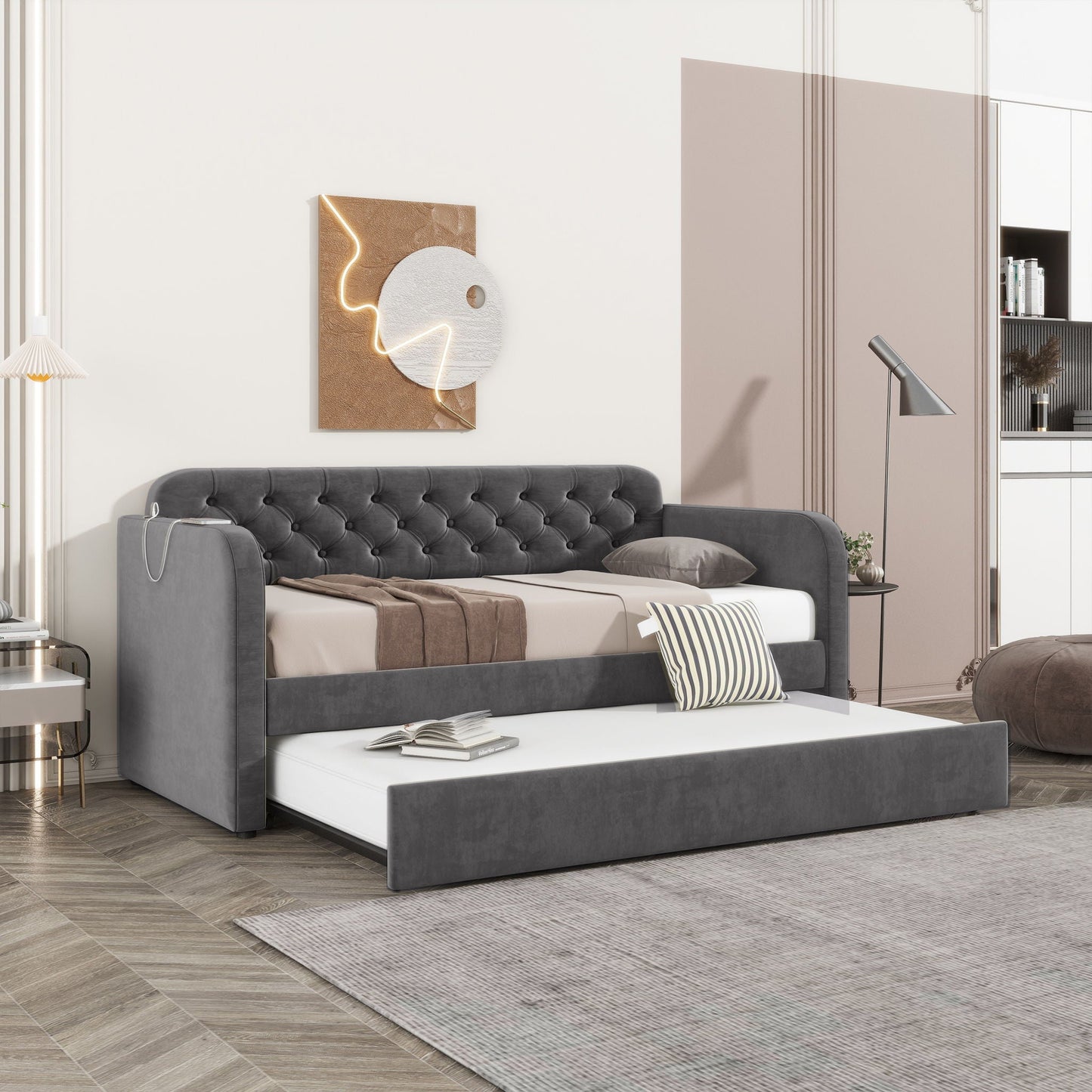 Upholstered Daybed With Trundle and USB Outlet