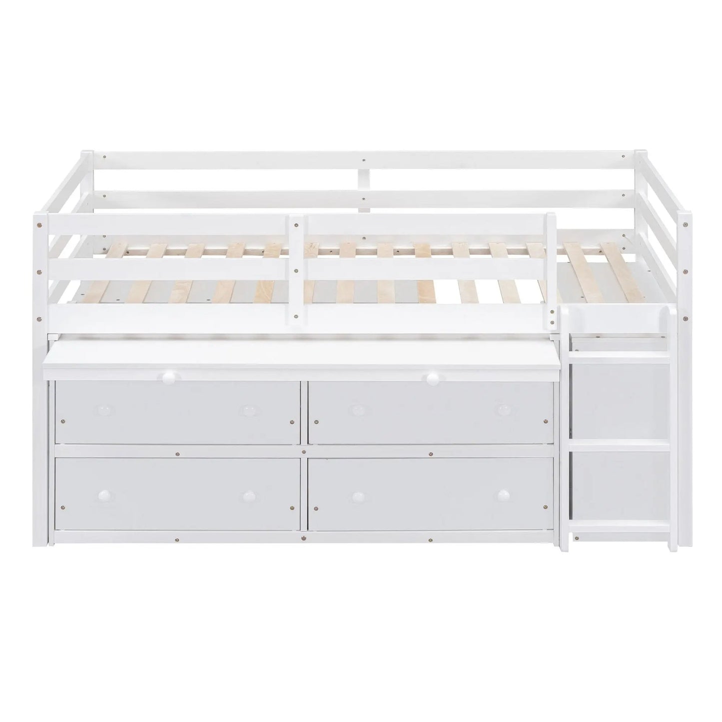 Loft bed with retractable desk and 4 drawers, white finish with desk and shelves on Tampa Home & Garden Store