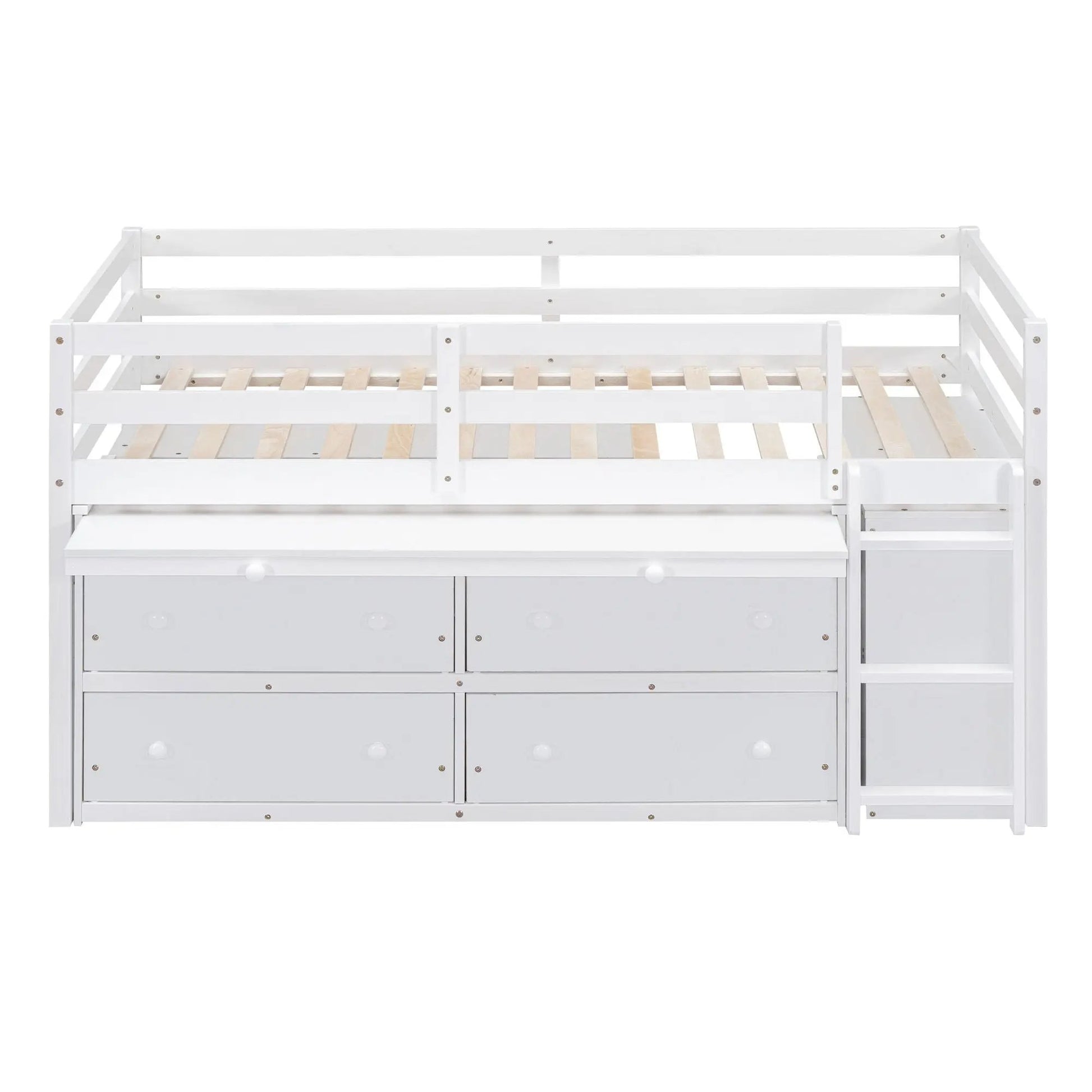 Loft bed with retractable desk and 4 drawers, white finish with desk and shelves on Tampa Home & Garden Store