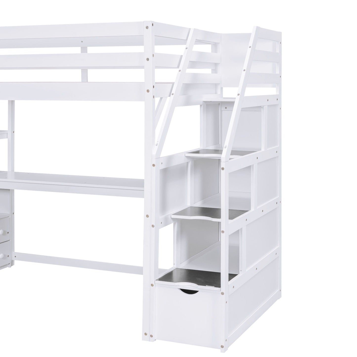 Loft bed with desk, shelves and 2-drawer storage staircase in white on Tampa Home & Garden Store