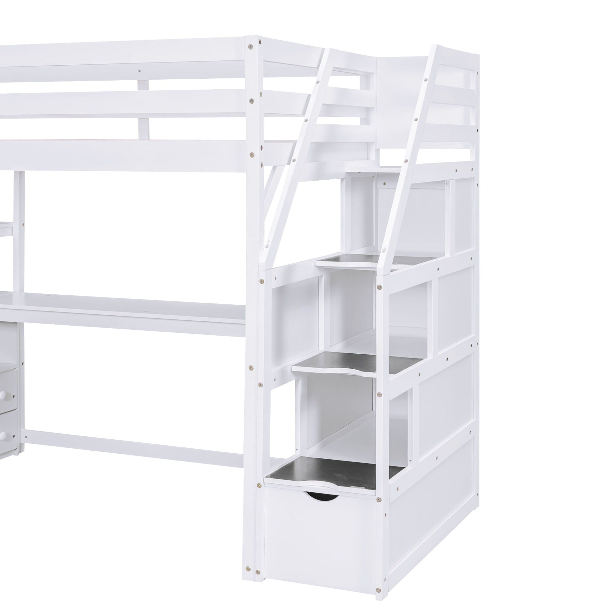 Loft bed with desk, shelves and 2-drawer storage staircase in white on Tampa Home & Garden Store