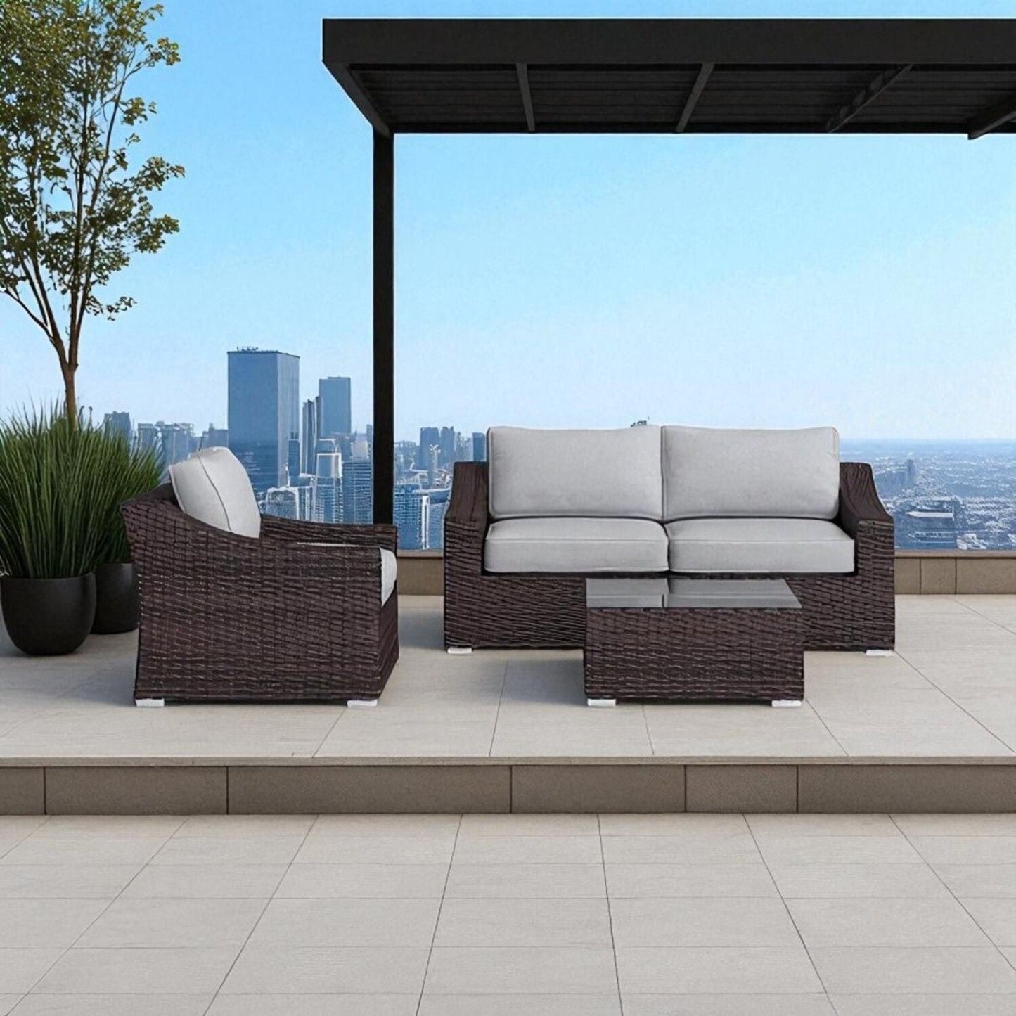 Outdoor Wicker Set With Glass Table And Cushions