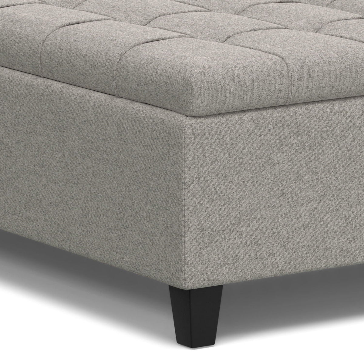 Harrison Tufted Lift Top Storage Ottoman in gray fabric with dark tapered legs by HouseOfZazla on Tampa Home & Garden Store