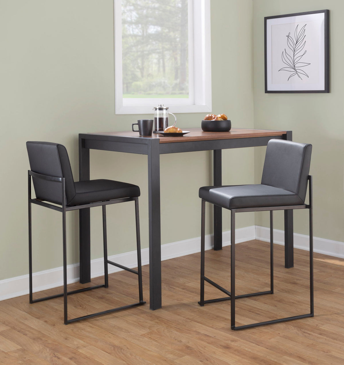 High back contemporary barstool set with black leather seats and metal frames on Tampa Home & Garden Store