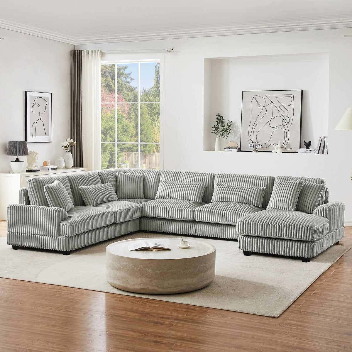 U-shaped sectional sofa with chaise lounge in gray striped upholstery, oversized living room seating on Tampa Home & Garden Store