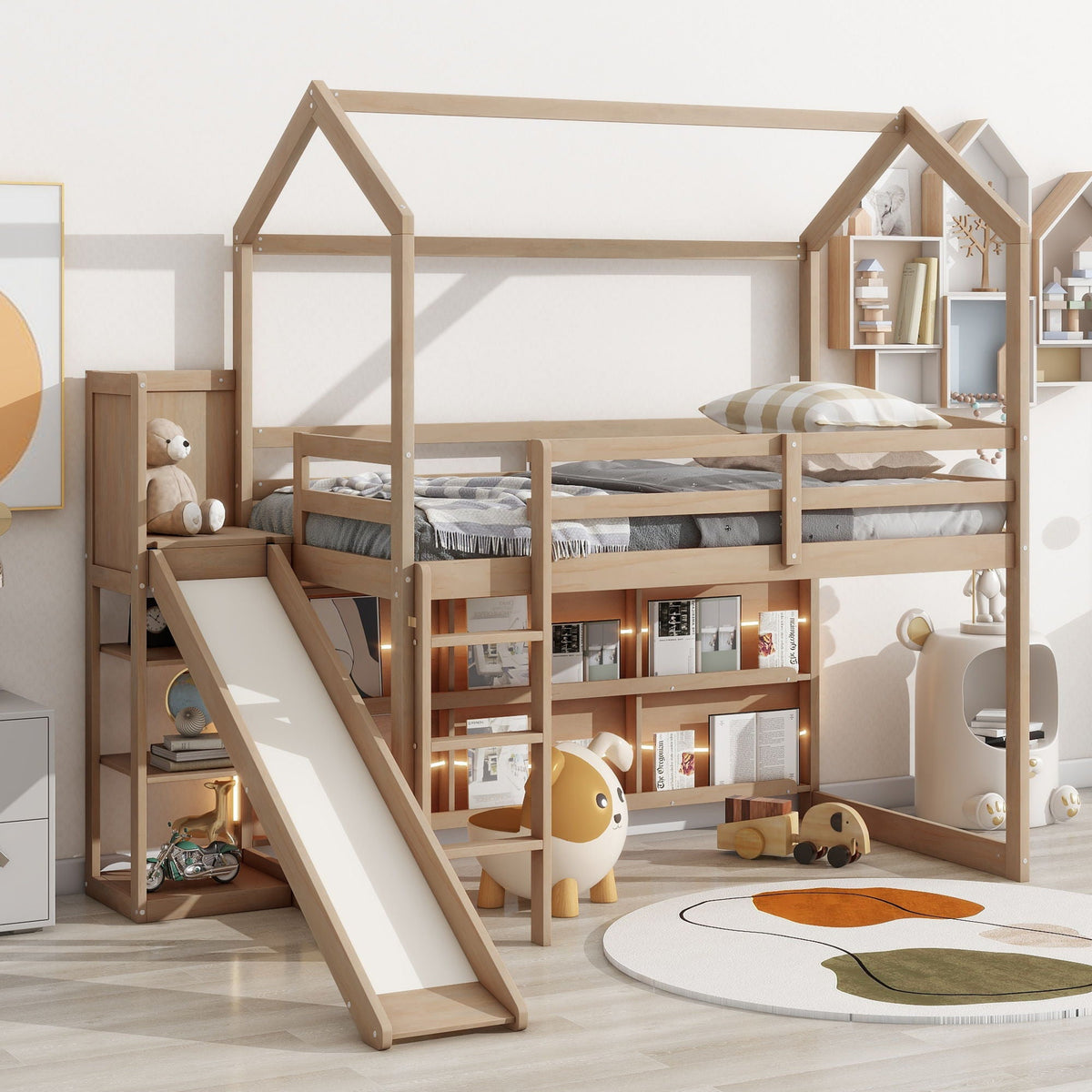 House Loft Bed With Slide, Storage Shelves And Light in natural wood with built-in shelves on Tampa Home & Garden Store