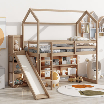 House Loft Bed With Slide, Storage Shelves And Light in natural wood with built-in shelves on Tampa Home & Garden Store
