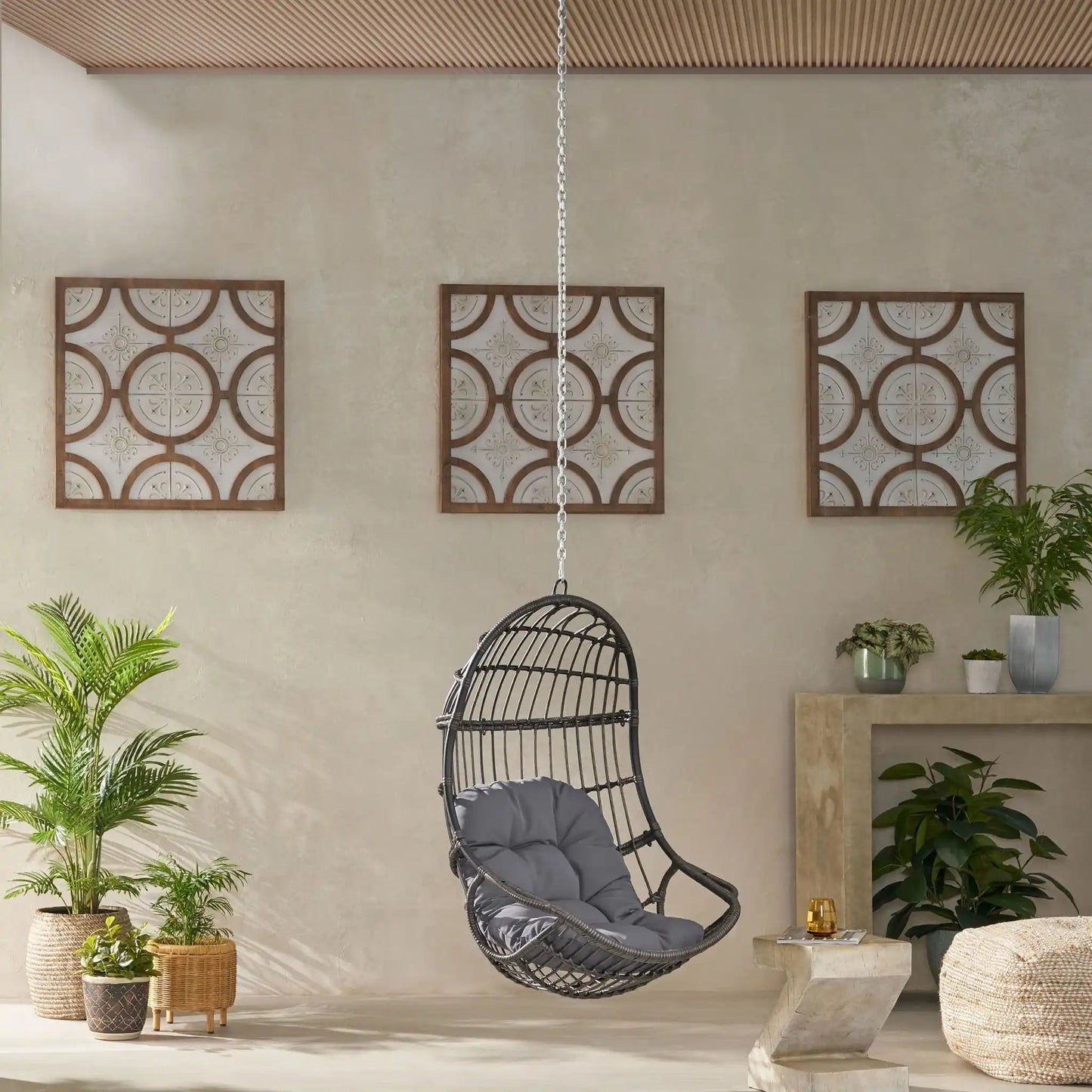Rustic Hanging Basket Chair with Cushion, black woven wicker swing chair on Tampa Home & Garden Store