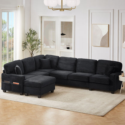 U-shaped sectional sofa in black fabric with movable ottoman, storage pockets, HouseOfZazla on Tampa Home & Garden Store