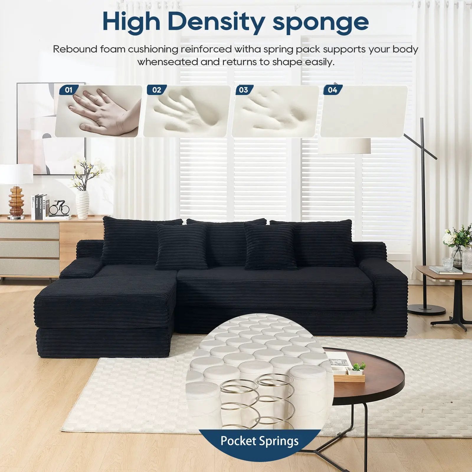 Modern L - Shaped Sectional Couch With Memory Foam, black fabric on Tampa Home & Garden Store