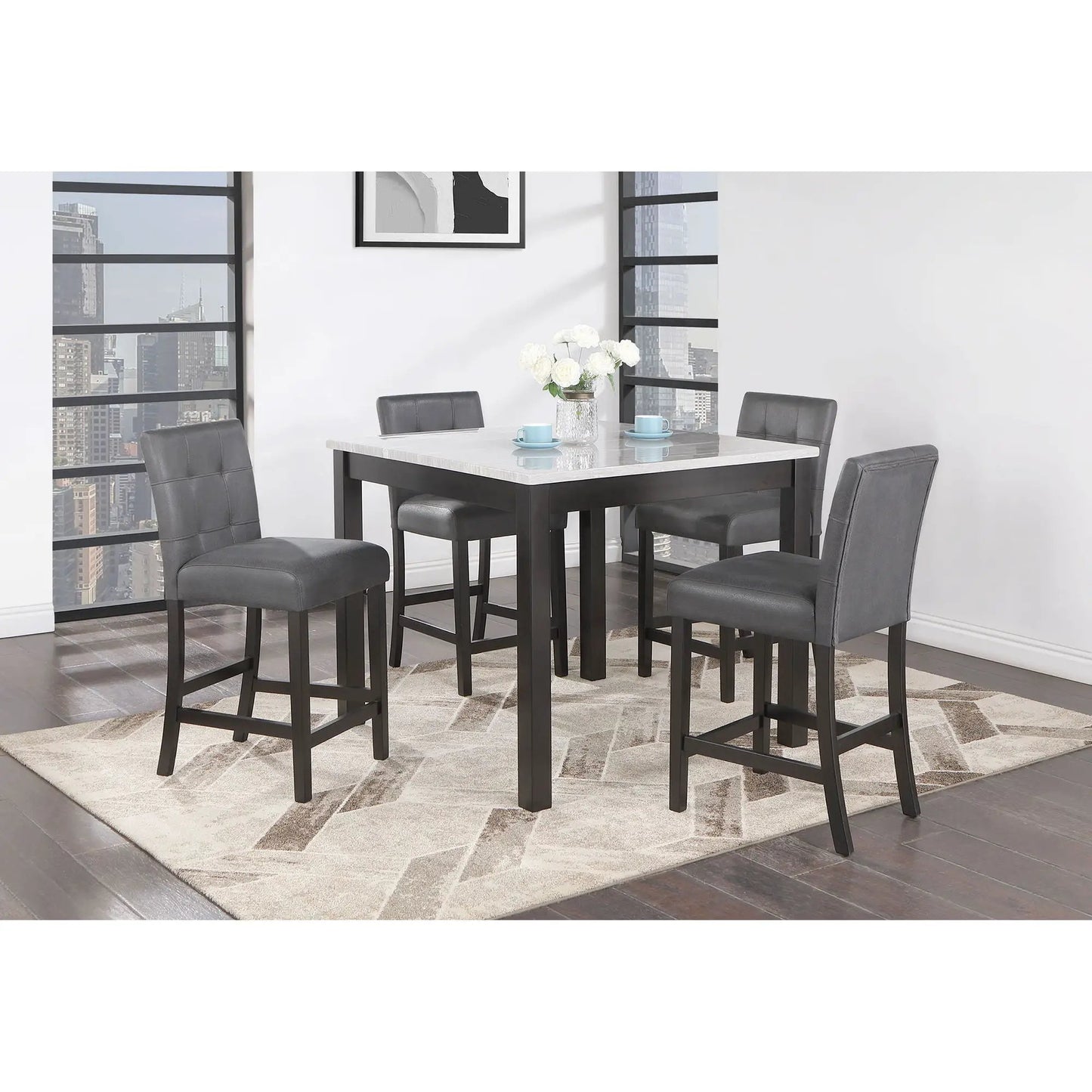 Leon Bar Table and 4 Bar Stools espresso/white with dark wood legs and gray upholstered seats on Tampa Home & Garden Store